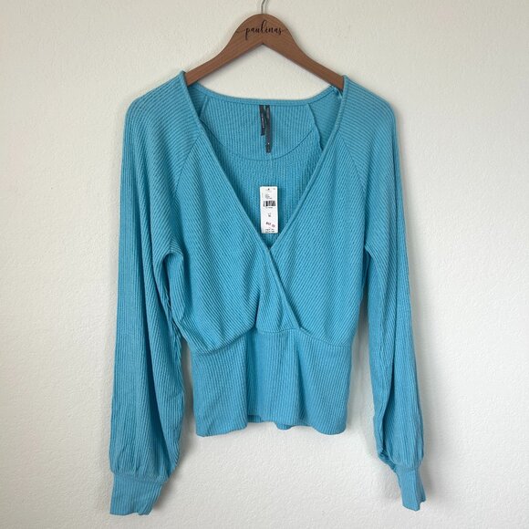 New By Anthropologie Sweater Womens Medium Blue Ribbed Soft Faux Wrap Top M - Picture 1 of 8